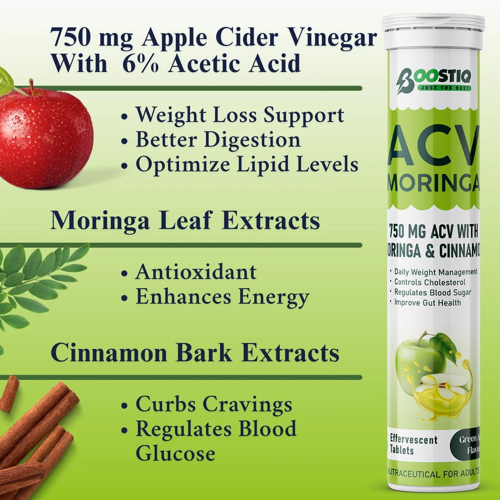 BOOSTIQ Apple Cider Vinegar With Moringa Effervescent Tablets - Green Apple Flavour | Grocsy