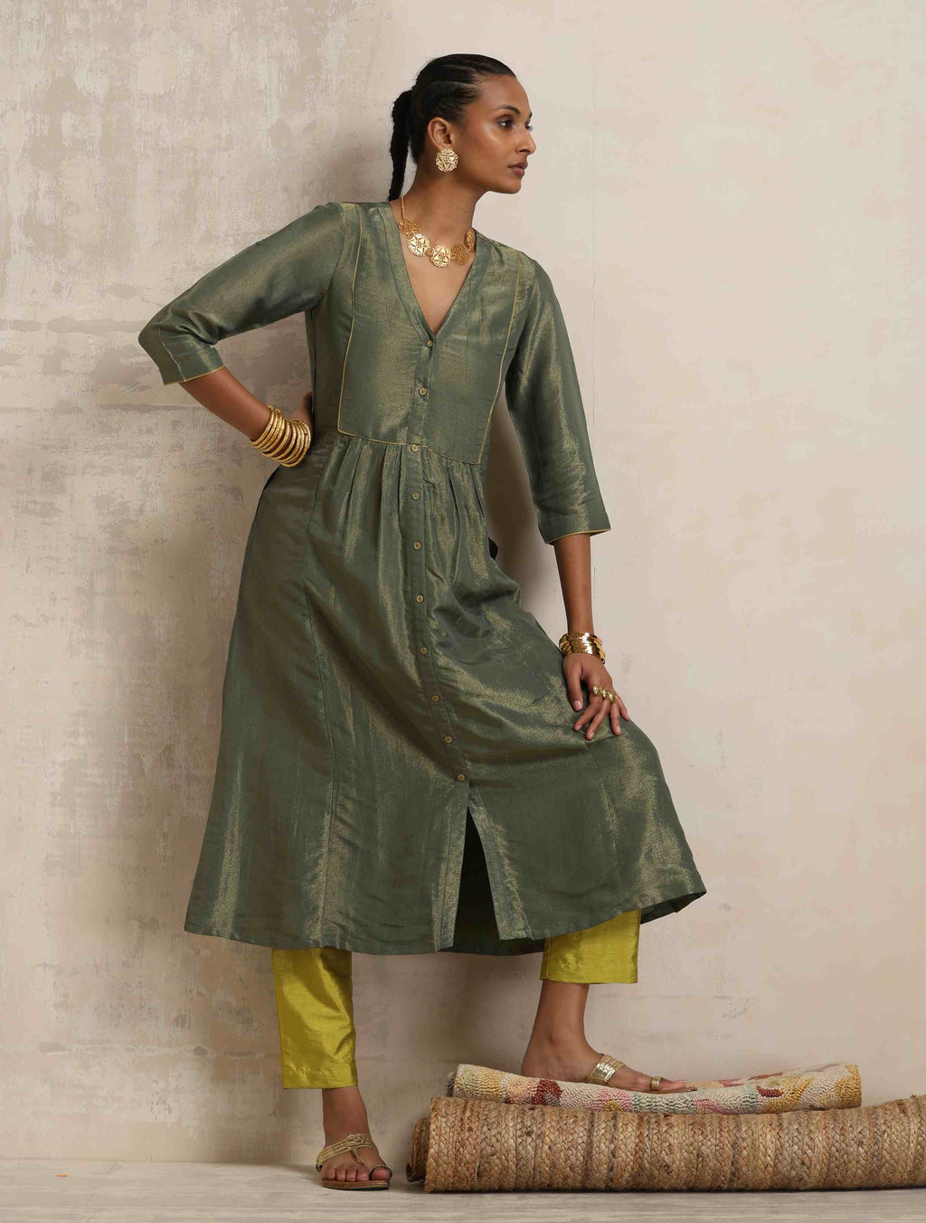 trueBrowns Green Tissue A-line Kurta Set | Grocsy
