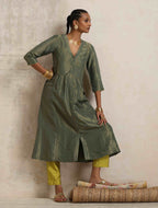 trueBrowns Green Tissue A-line Kurta Set | Grocsy