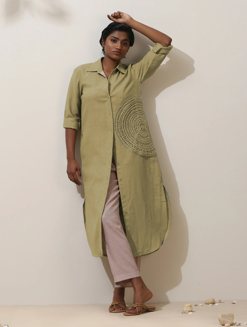trueBrowns Fern Green Crochet Natural Cotton Kurta Pant Set | Grocsy