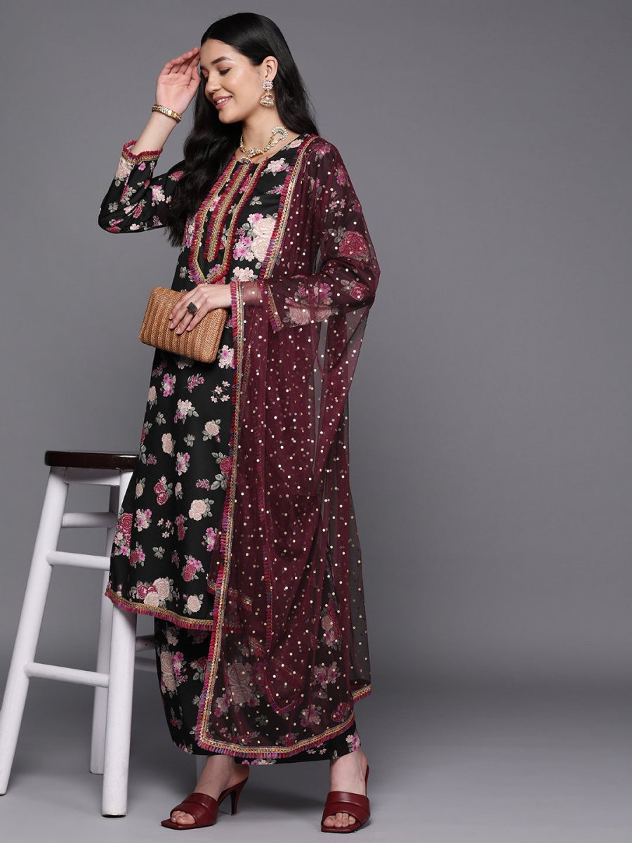 Ahalyaa Women Black Floral Printed Gotta Patti Kurta with Palazzos & With Dupatta | Grocsy