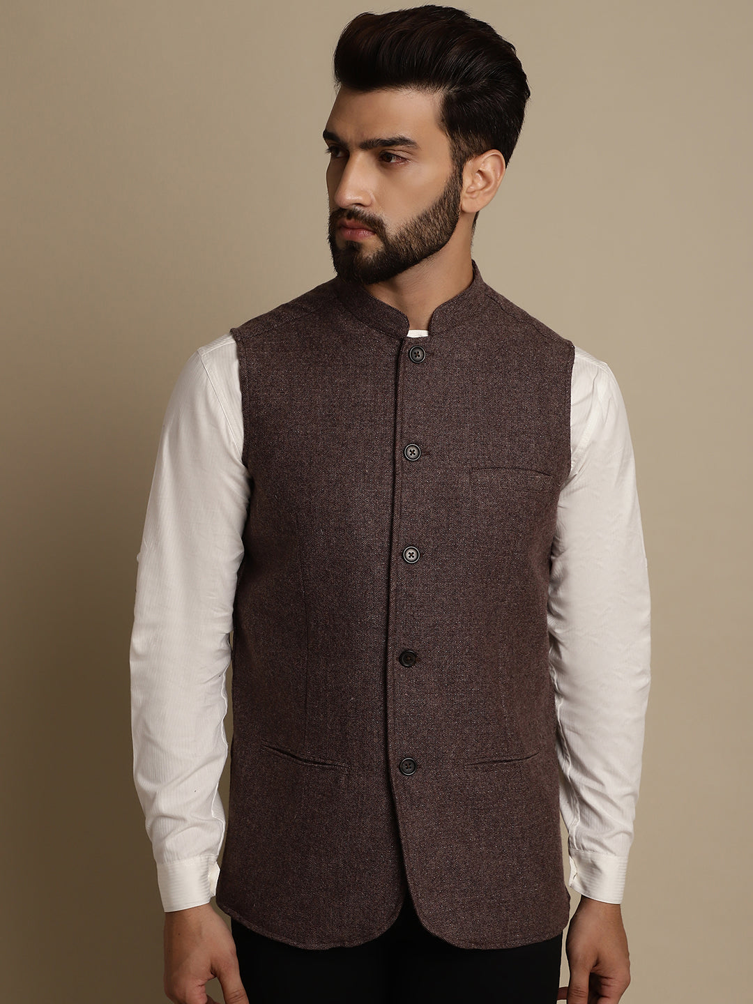 Even Apparels Men's Brown Mandarin Collar Waistcoat | Grocsy