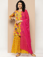 KSUT (House of Varanga) Yellow & Pink Floral Printed Kurta with Gota Work With Sharara & Dupatta | Grocsy