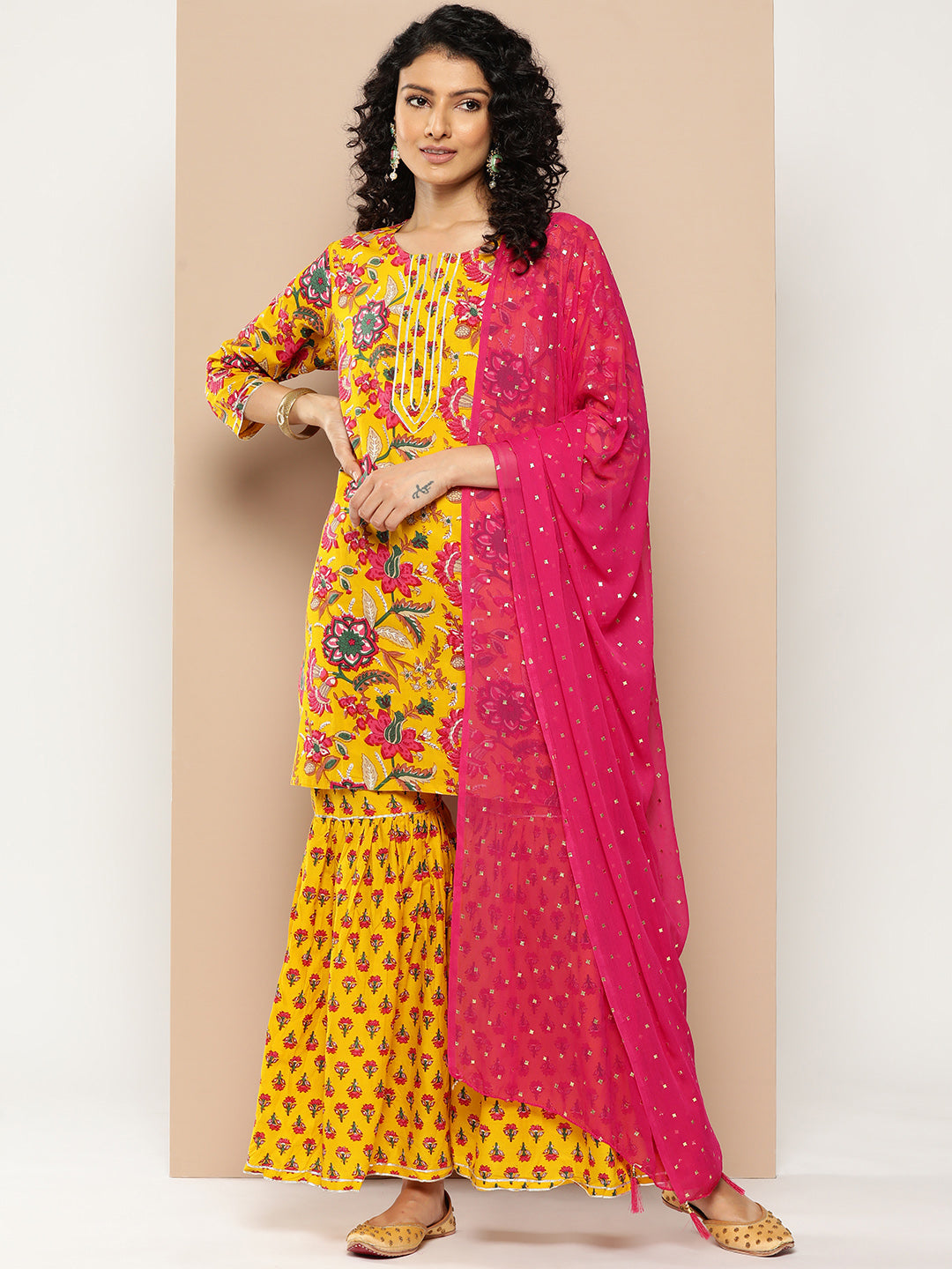 KSUT (House of Varanga) Yellow & Pink Floral Printed Kurta with Gota Work With Sharara & Dupatta | Grocsy