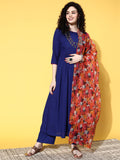 InWeave Women's Ink Blue Long Anarkali Kurta Set With Red Rose Organza Dupatta | Grocsy