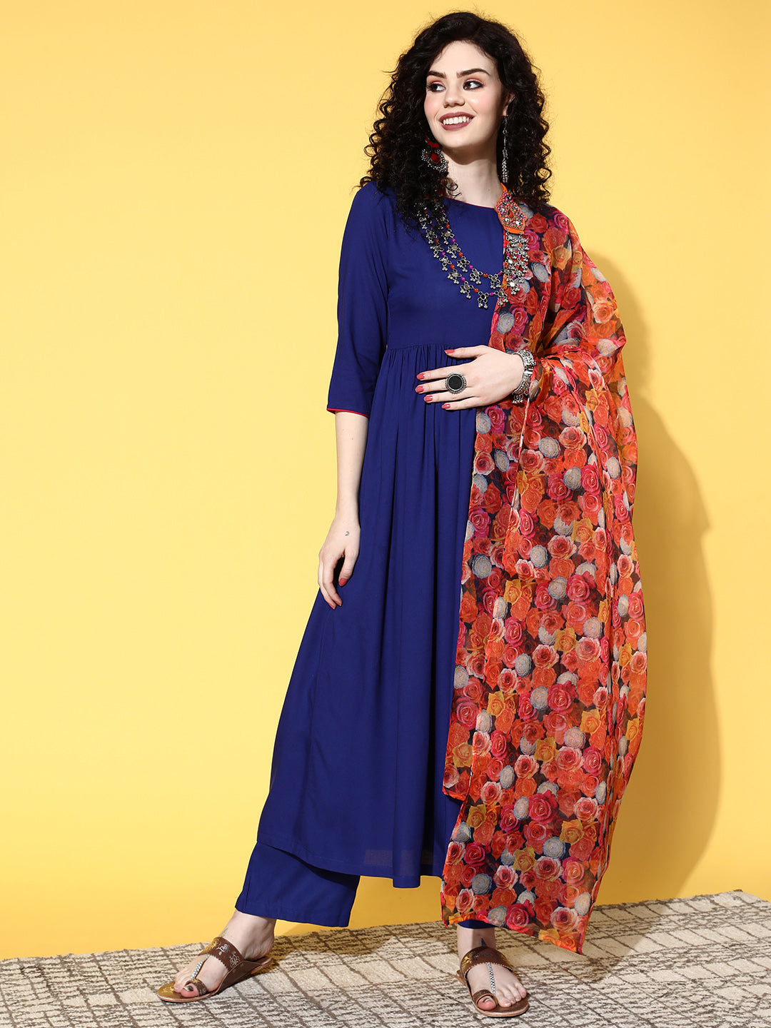 InWeave Women's Ink Blue Long Anarkali Kurta Set With Red Rose Organza Dupatta | Grocsy