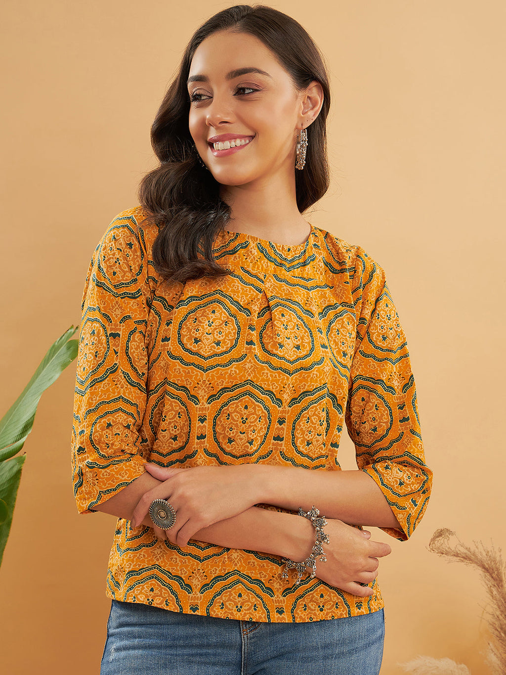 InWeave Women's Haldi Yellow Mughal Kalamkari Top | Grocsy