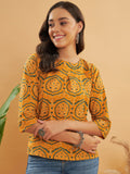 InWeave Women's Haldi Yellow Mughal Kalamkari Top | Grocsy