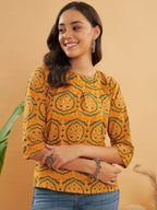 InWeave Women's Haldi Yellow Mughal Kalamkari Top | Grocsy