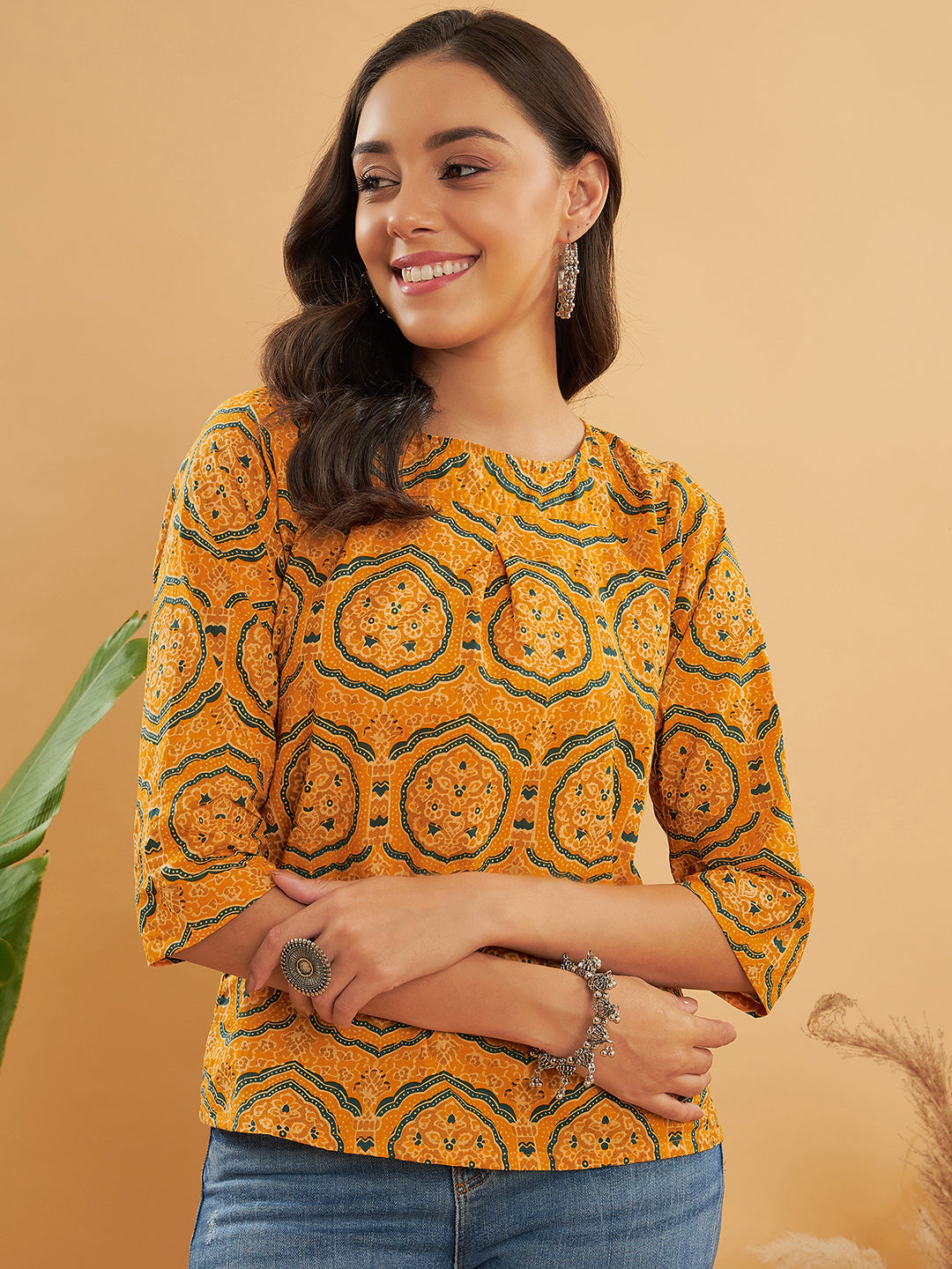 InWeave Women's Haldi Yellow Mughal Kalamkari Top | Grocsy