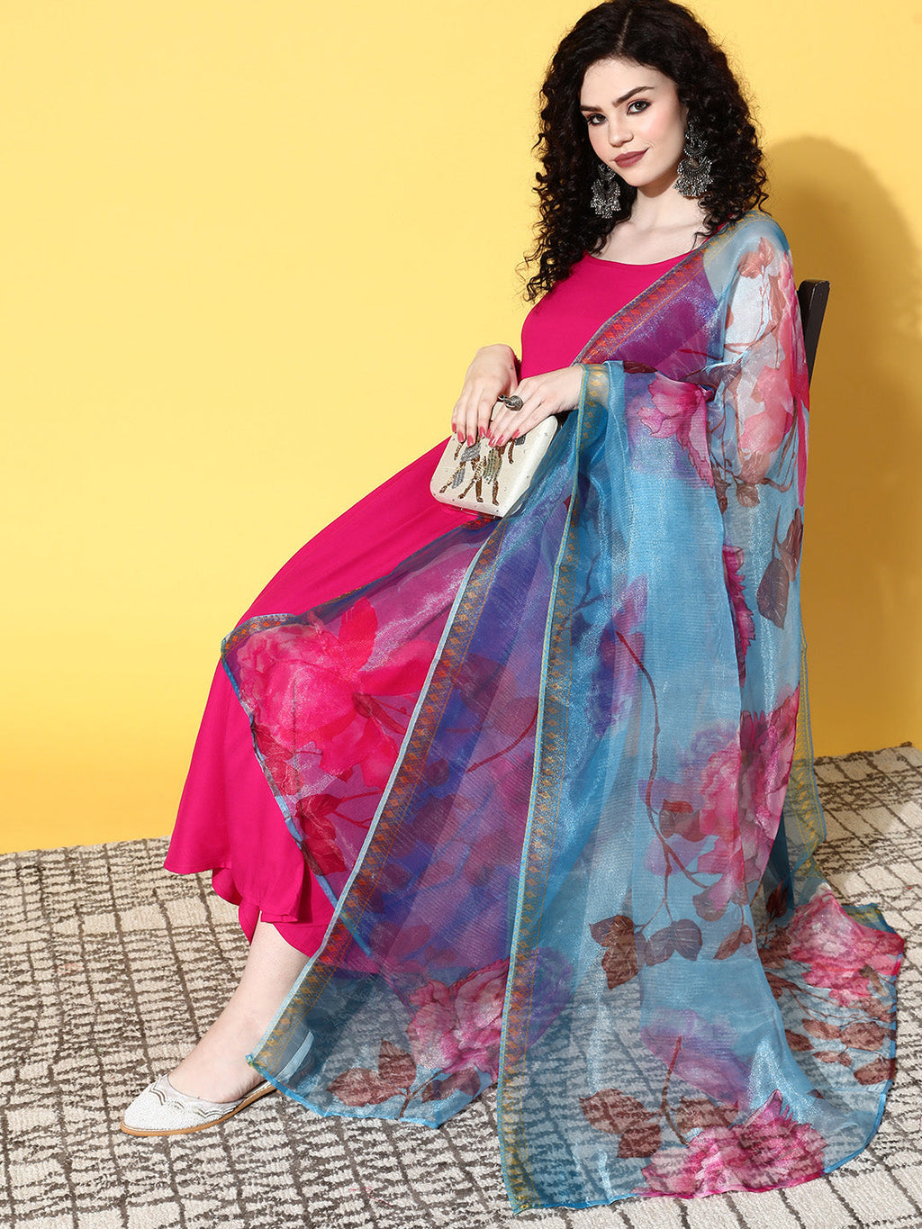 InWeave Strappy Set In Fuchsia With Blue Fuchsia Organza Dupatta | Grocsy