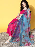InWeave Strappy Set In Fuchsia With Blue Fuchsia Organza Dupatta | Grocsy