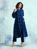 trueBrowns Blue Embroidered Velvet Puff Sleeve Kurta | Grocsy