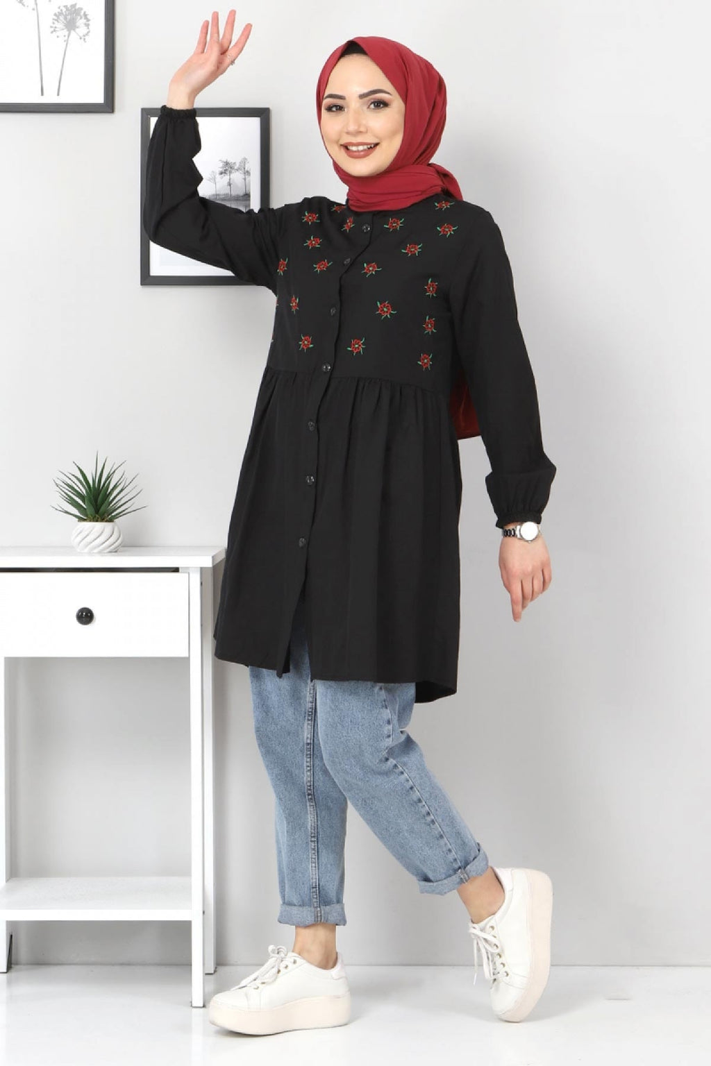Pimu Muslim Wear Women's Embroidered Top - Black | Grocsy