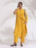 trueBrowns Yellow Cotton Pleated Shirt Kurta Set | Grocsy