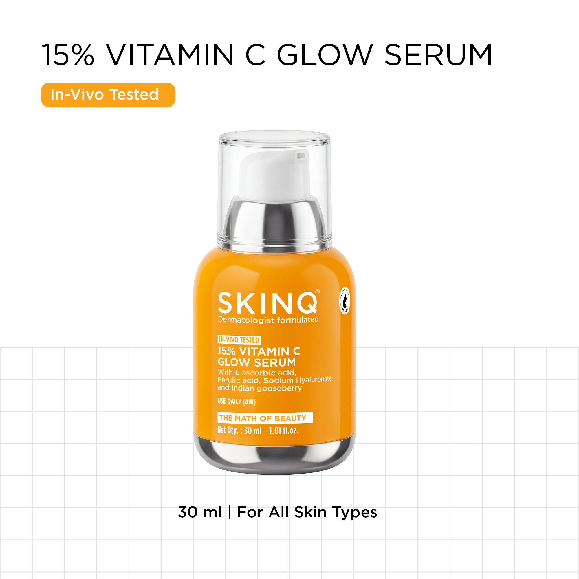 SKINQ 15% Vitamin C Glow Serum with L Ascorbic & Ferulic Acid | Grocsy