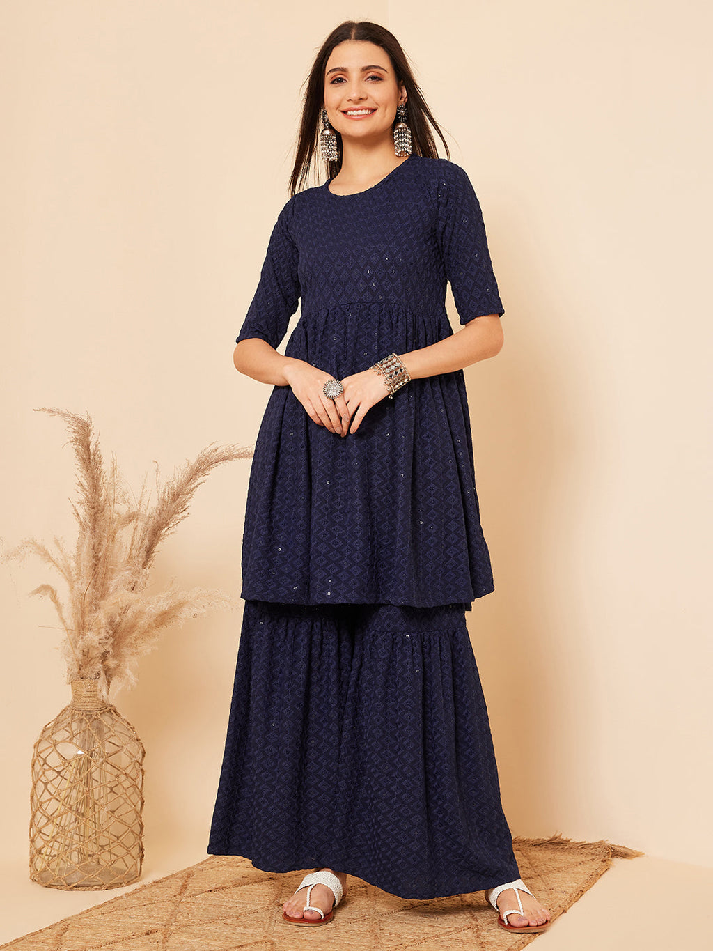 InWeave Women's Royal Blue Chikankari Kurta Set With Sharara | Grocsy