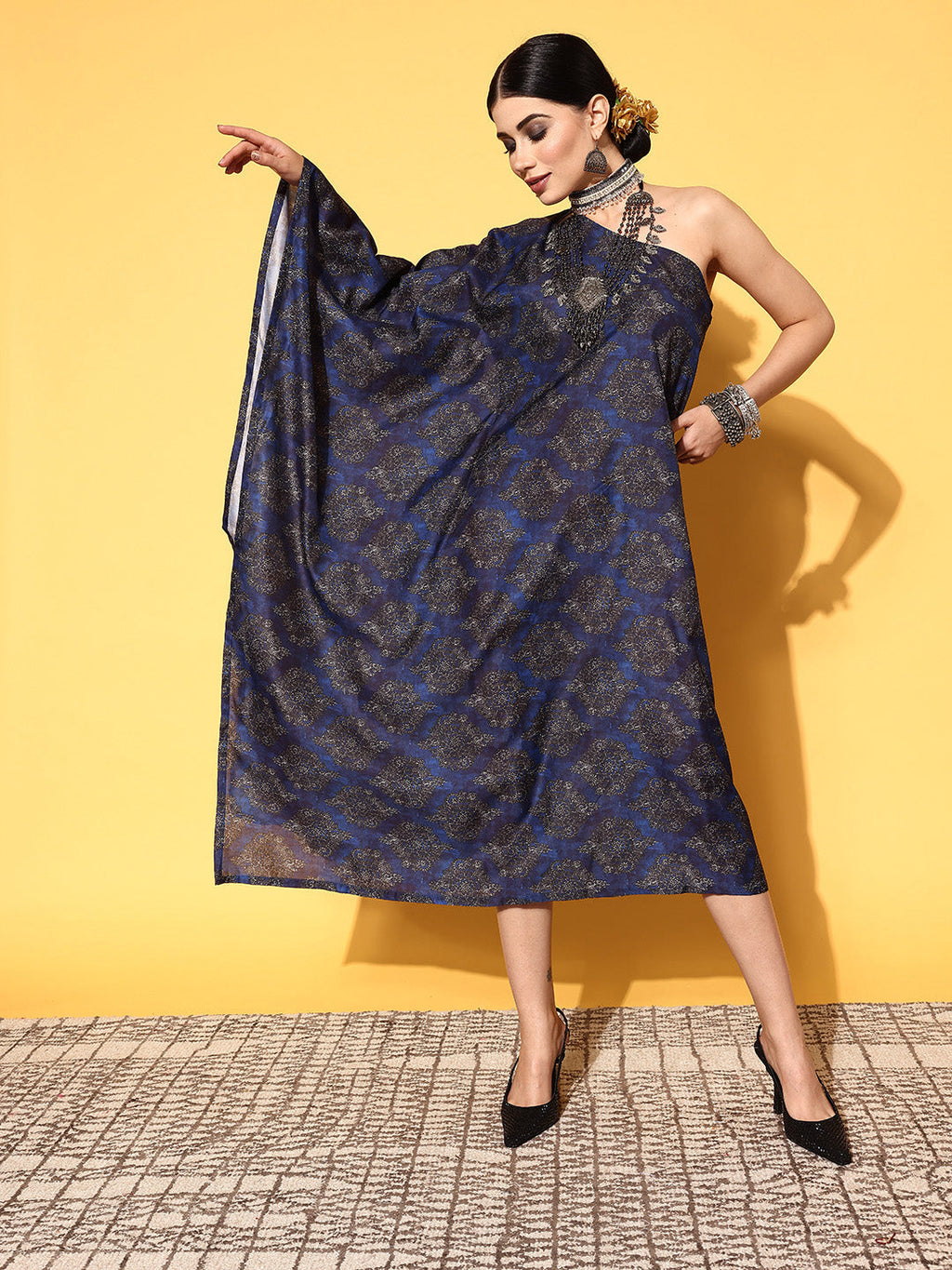 InWeave Women's Indigo Boota Print One Shoulder Kaftan Dress | Grocsy