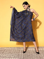 InWeave Women's Indigo Boota Print One Shoulder Kaftan Dress | Grocsy