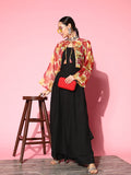 InWeave Women's Black Strappy Set With Red Pink Floral Short Organza Cape | Grocsy