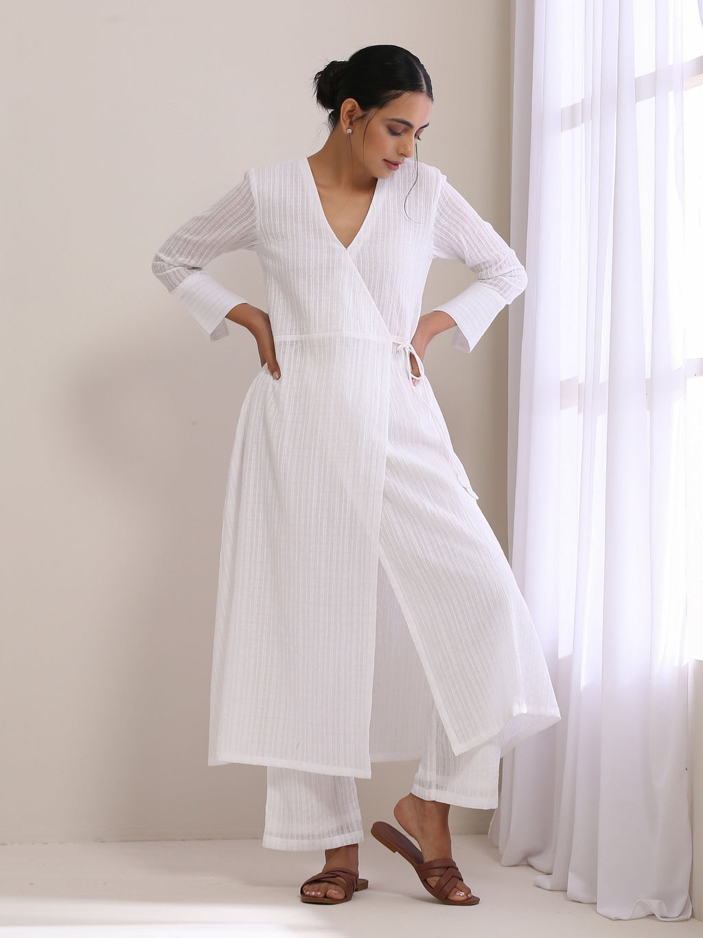 trueBrowns White Dobby Angrakha Kurta Pant Set | Grocsy