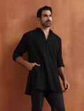 trueBrowns Men's Black Textured Cotton Dobby Short Kurta | Grocsy