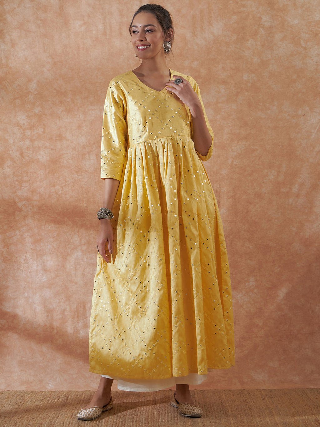 InWeave Women's Light Yellow Mirror Work Long Anarkali Kurta | Grocsy