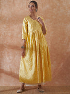 InWeave Women's Light Yellow Mirror Work Long Anarkali Kurta | Grocsy
