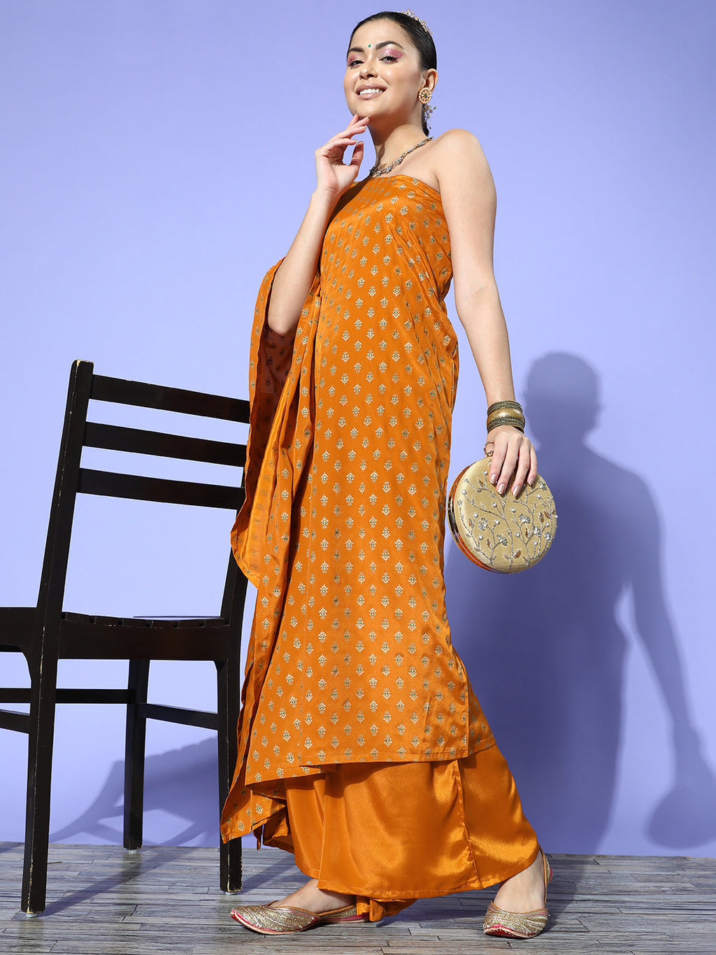 InWeave Women's Mustard Gold Print One Shoulder Kurta Set | Grocsy