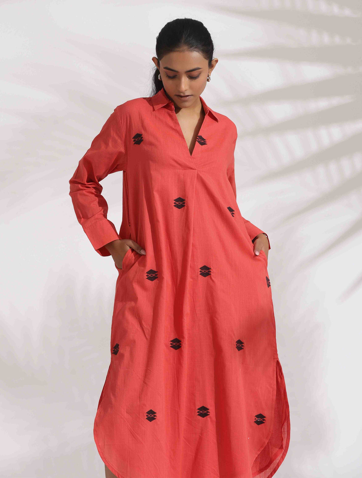 trueBrowns Orange Cotton Embroidered Flared Dress | Grocsy