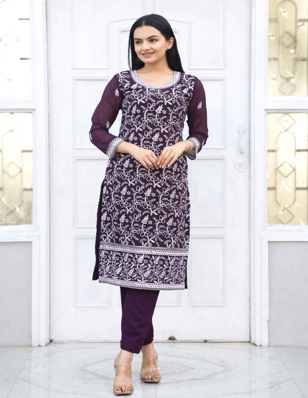 Teeya Creation Wine Color Faux Georgette Silk Heavy Embroidery Work Fully Stitched Salwar Suit | Grocsy