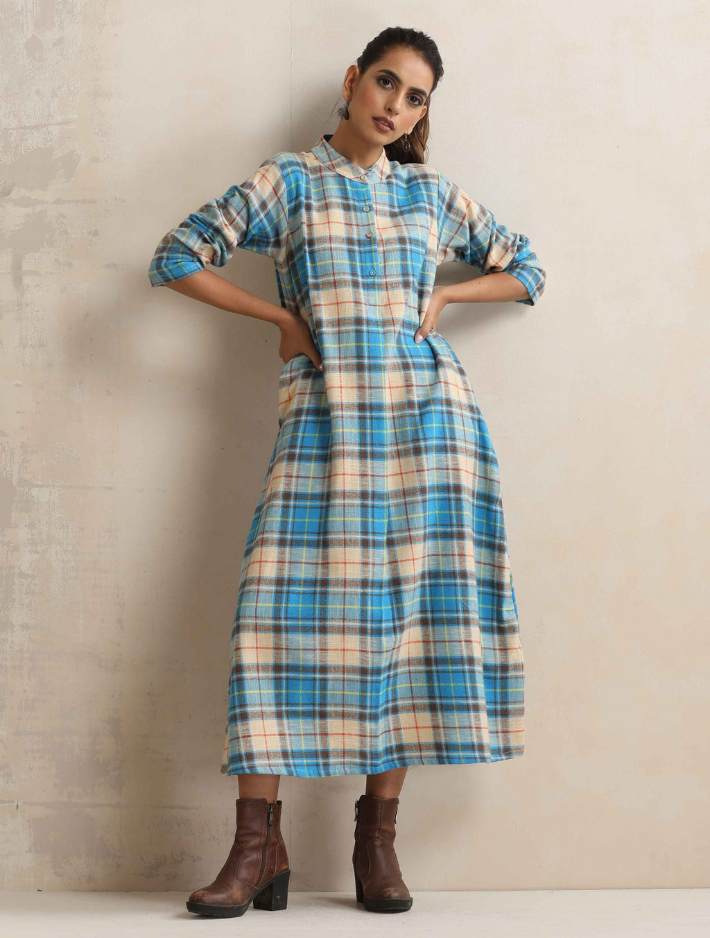 trueBrowns Beige Check Flared Winter Dress | Grocsy