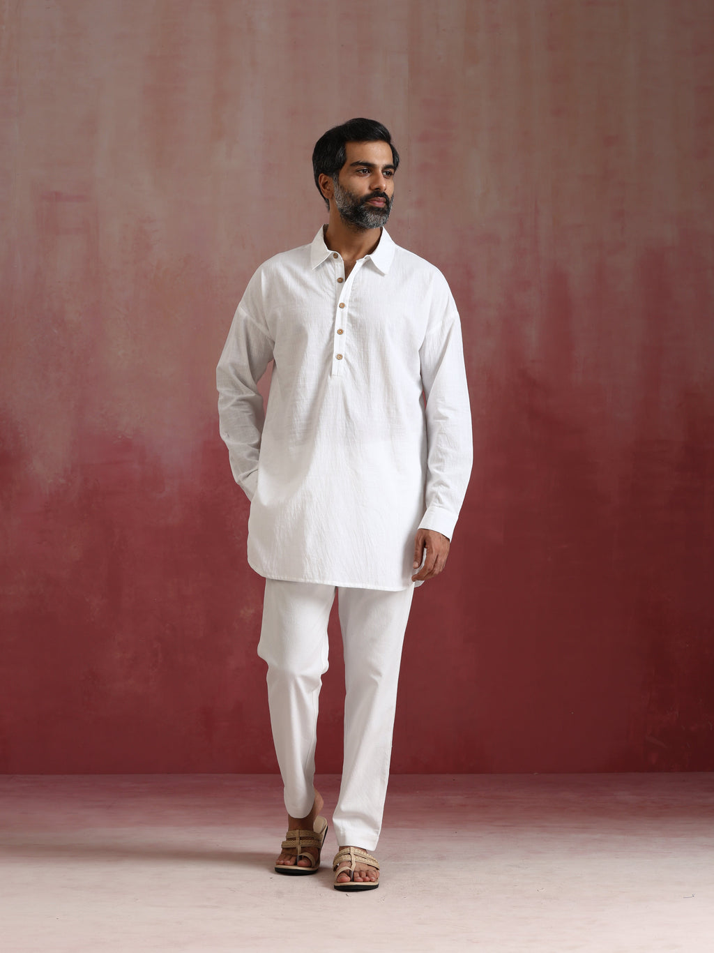 trueBrowns Men's White Cotton Shirt Collar Stylized Kurta Co-ord set | Grocsy