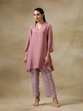trueBrowns Dark Mauve Bandhani Printed Silk Collared Co-Ord Set | Grocsy