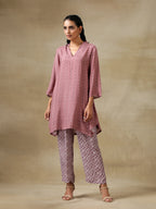 trueBrowns Dark Mauve Bandhani Printed Silk Collared Co-Ord Set | Grocsy