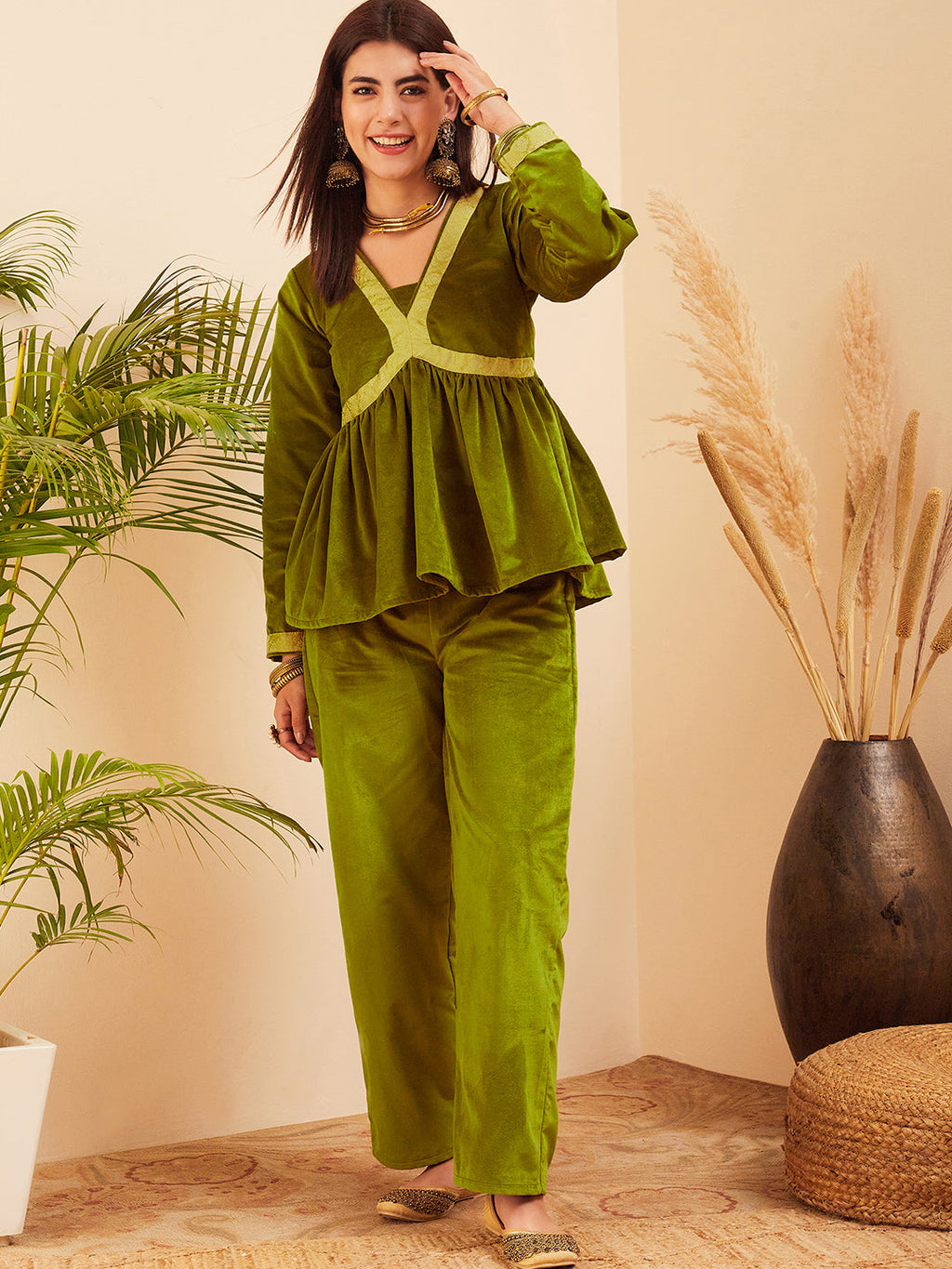 InWeave Women's Olive Mughal Shaan Style Velvet Short Kurta Set | Grocsy