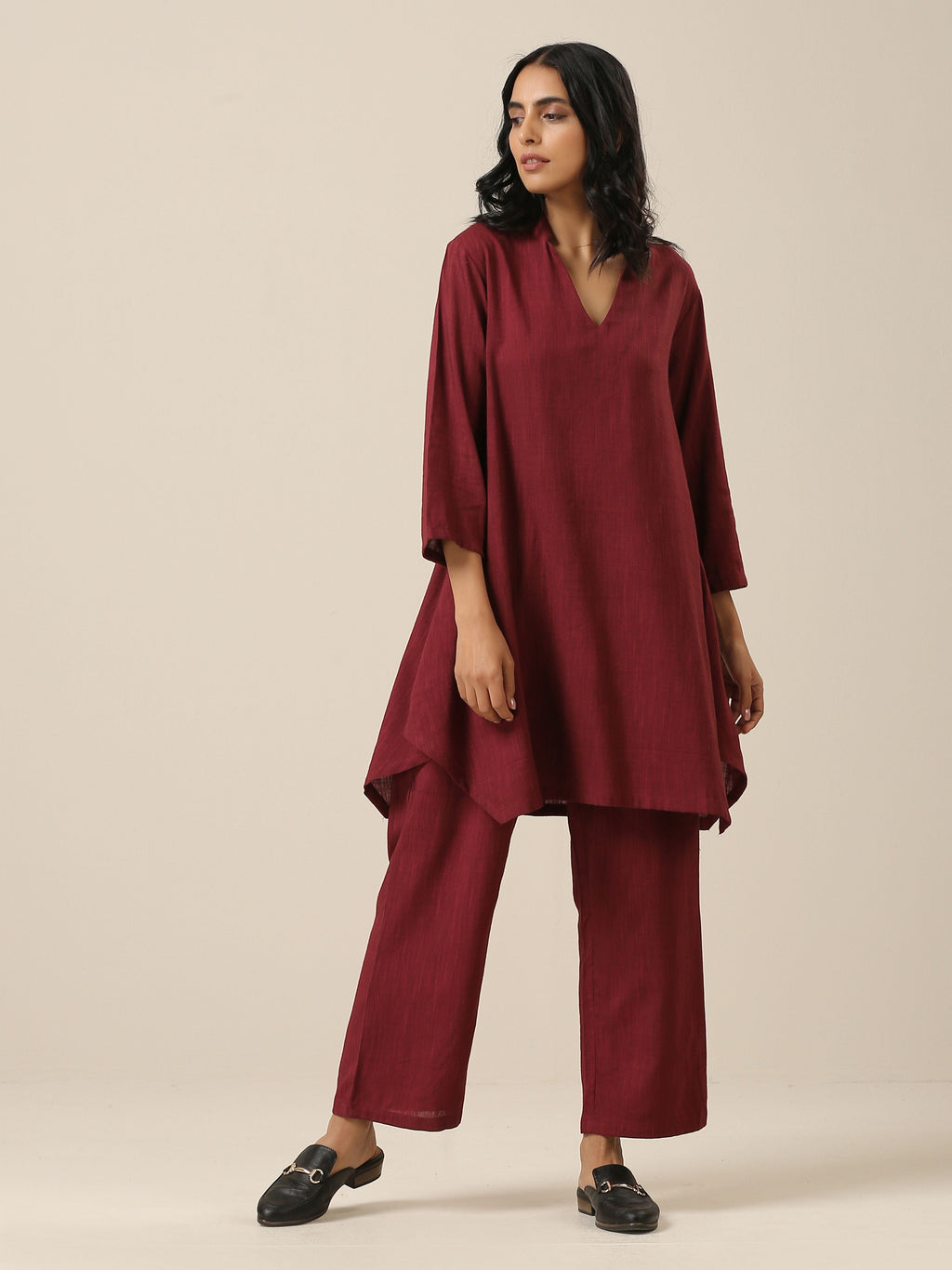 trueBrowns Ruby Wine Slub Textured Collar Co-Ord Set | Grocsy