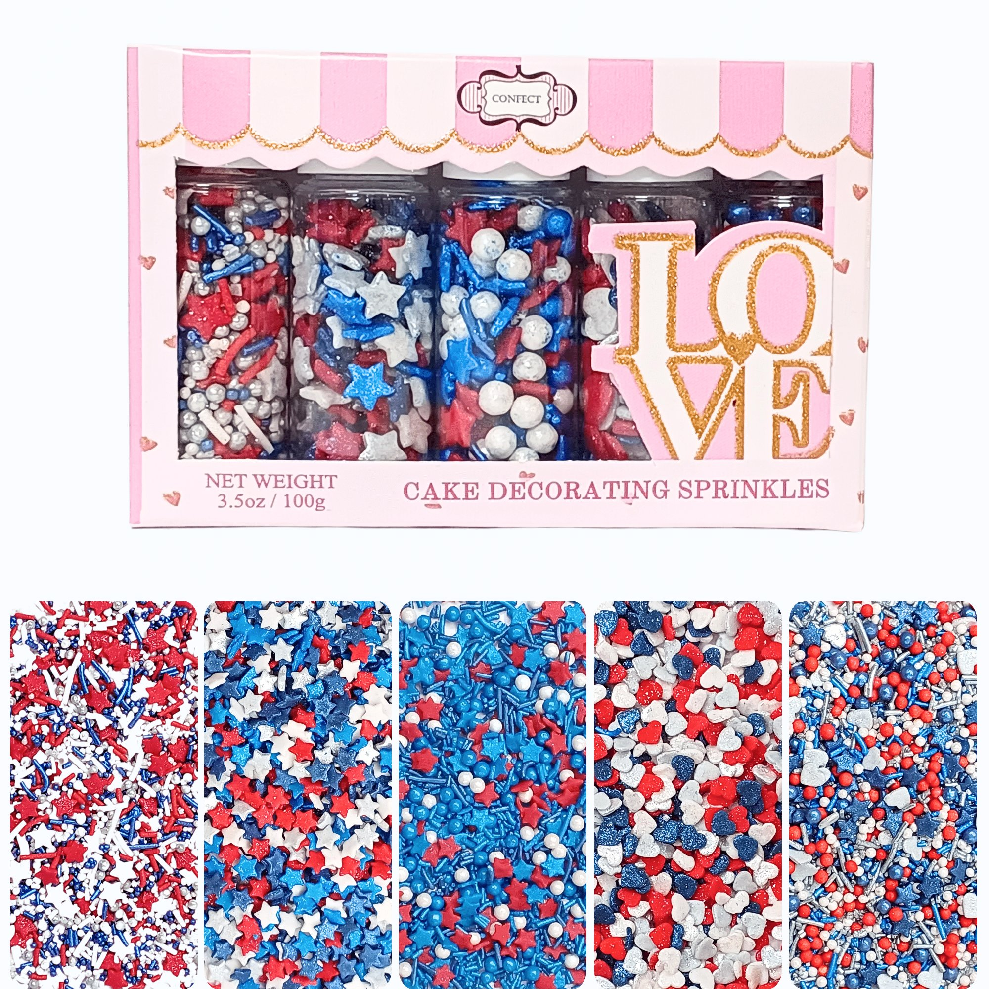 Confect Heart & Star Sprinkles | Pearls & Jimmies | Ultimate Avenger Patriotic Sprinkles | Grocsy