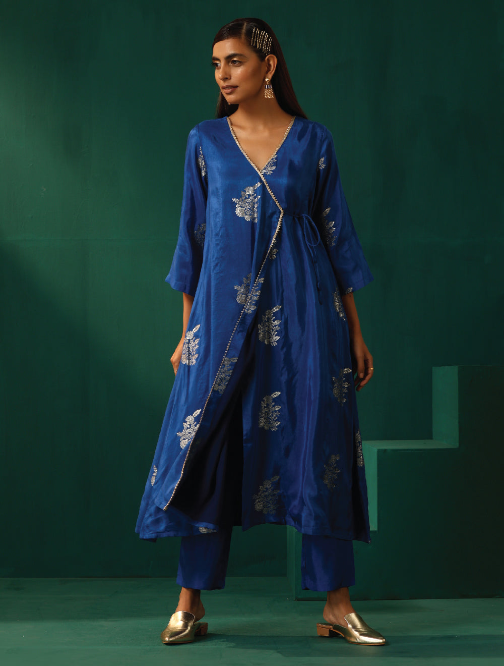 trueBrowns Royal Blue Floral Viscose Silk Angrakha Kurta Pant Set | Grocsy