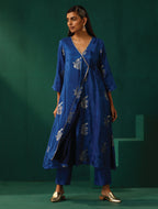 trueBrowns Royal Blue Floral Viscose Silk Angrakha Kurta Pant Set | Grocsy