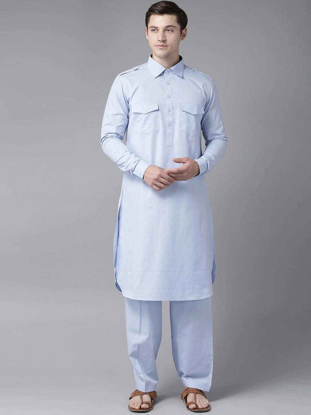 Fabmade Men Sky Blue Pathani Suits | Grocsy
