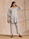 trueBrowns Grey Dabu Buta Print Cotton V-Square Neck Co-Ord Set | Grocsy