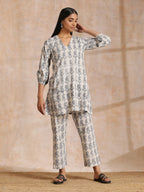trueBrowns Grey Dabu Buta Print Cotton V-Square Neck Co-Ord Set | Grocsy