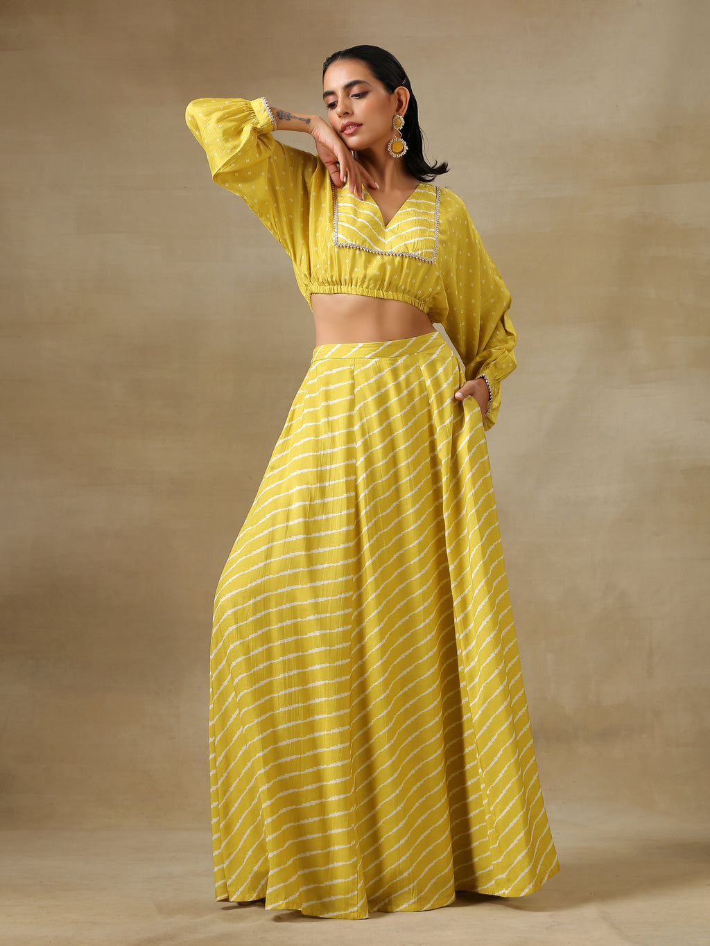 trueBrowns Lime Green Bandhani Printed Silk Top Skirt Set | Grocsy