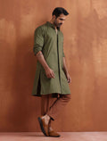 trueBrowns Men's Olive Green Cotton Front Open Kurta | Grocsy
