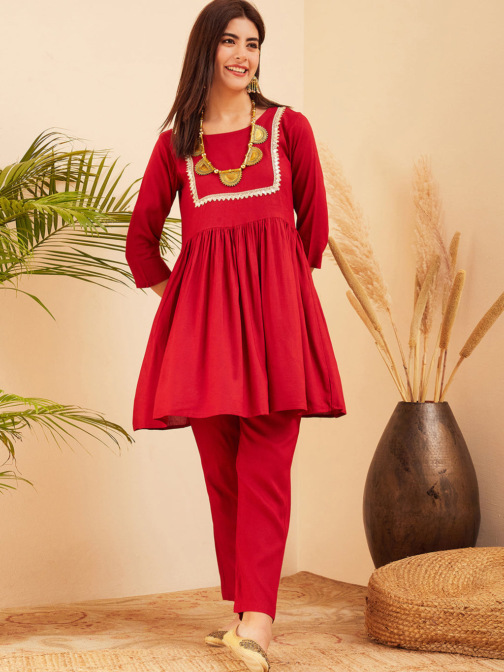 InWeave Women's Maroon Round Neck Square Gota Work Kurta Pant Set | Grocsy