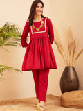 InWeave Women's Maroon Round Neck Square Gota Work Kurta Pant Set | Grocsy