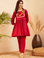 InWeave Women's Maroon Round Neck Square Gota Work Kurta Pant Set | Grocsy