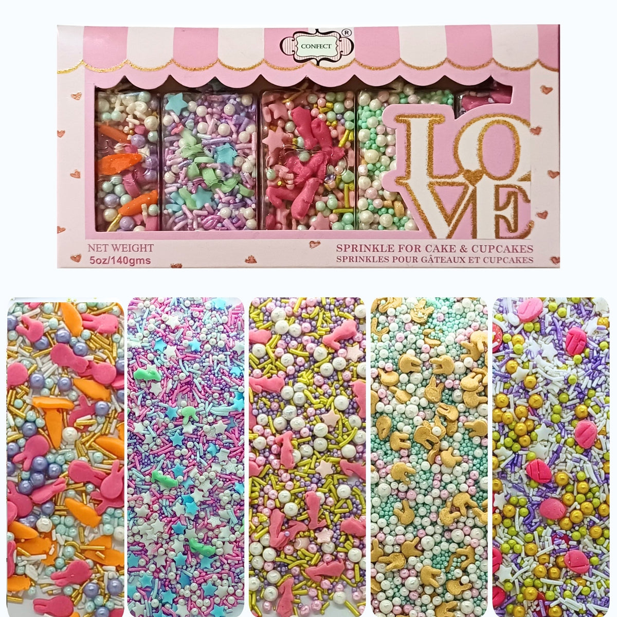 Confect Spring Sprinkles |  5 White, Pink and Sky Blue Pearls & Stars Pack of 5 (EAST 6) - 100Gms | Grocsy