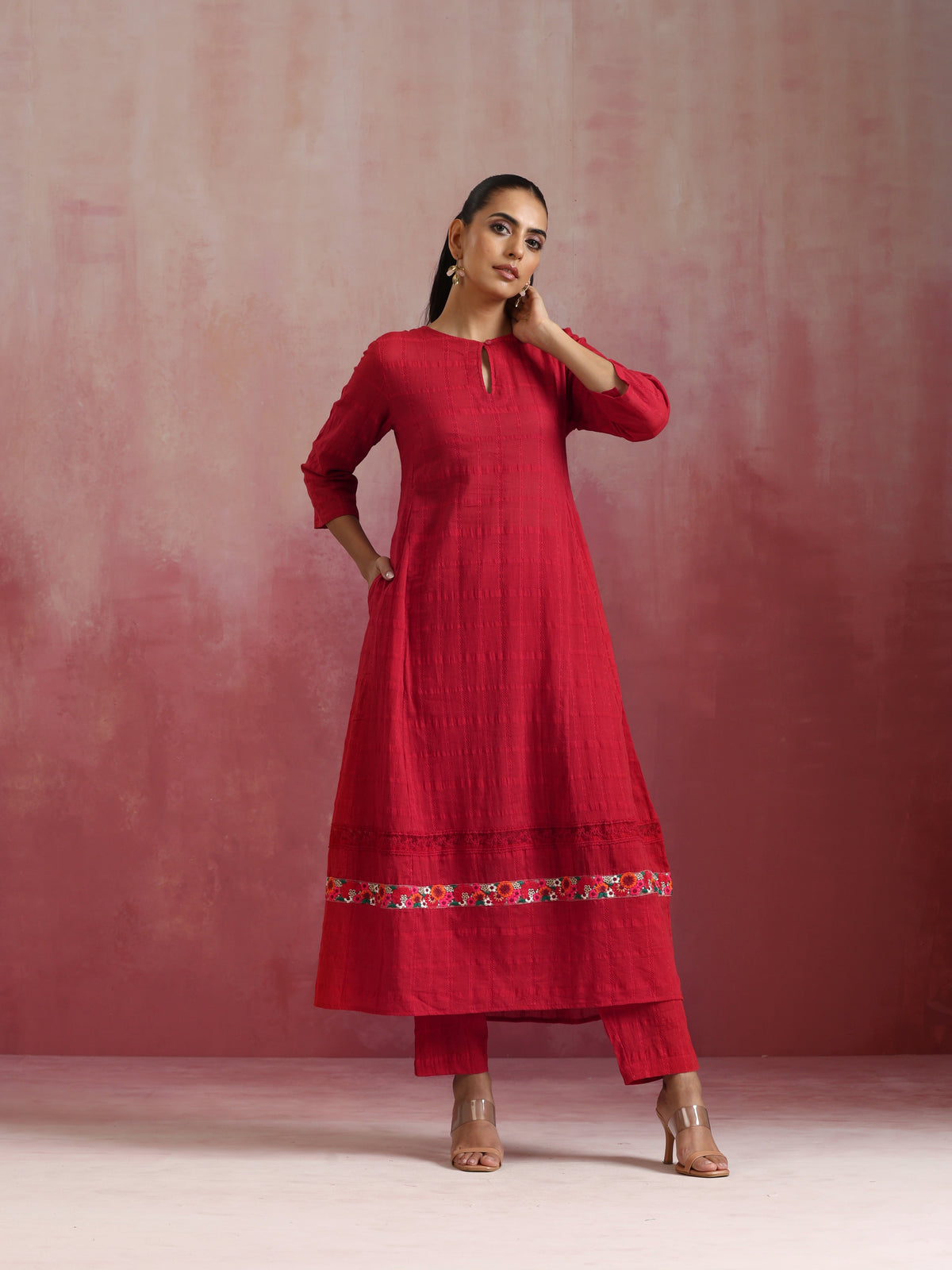 trueBrowns Red Cotton Dobby Flared Kurta Set | Grocsy